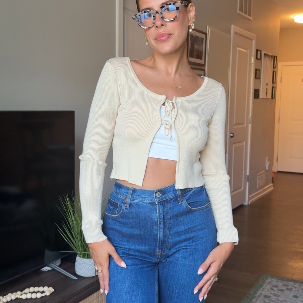 Cream Ribbed Tie Women's Top